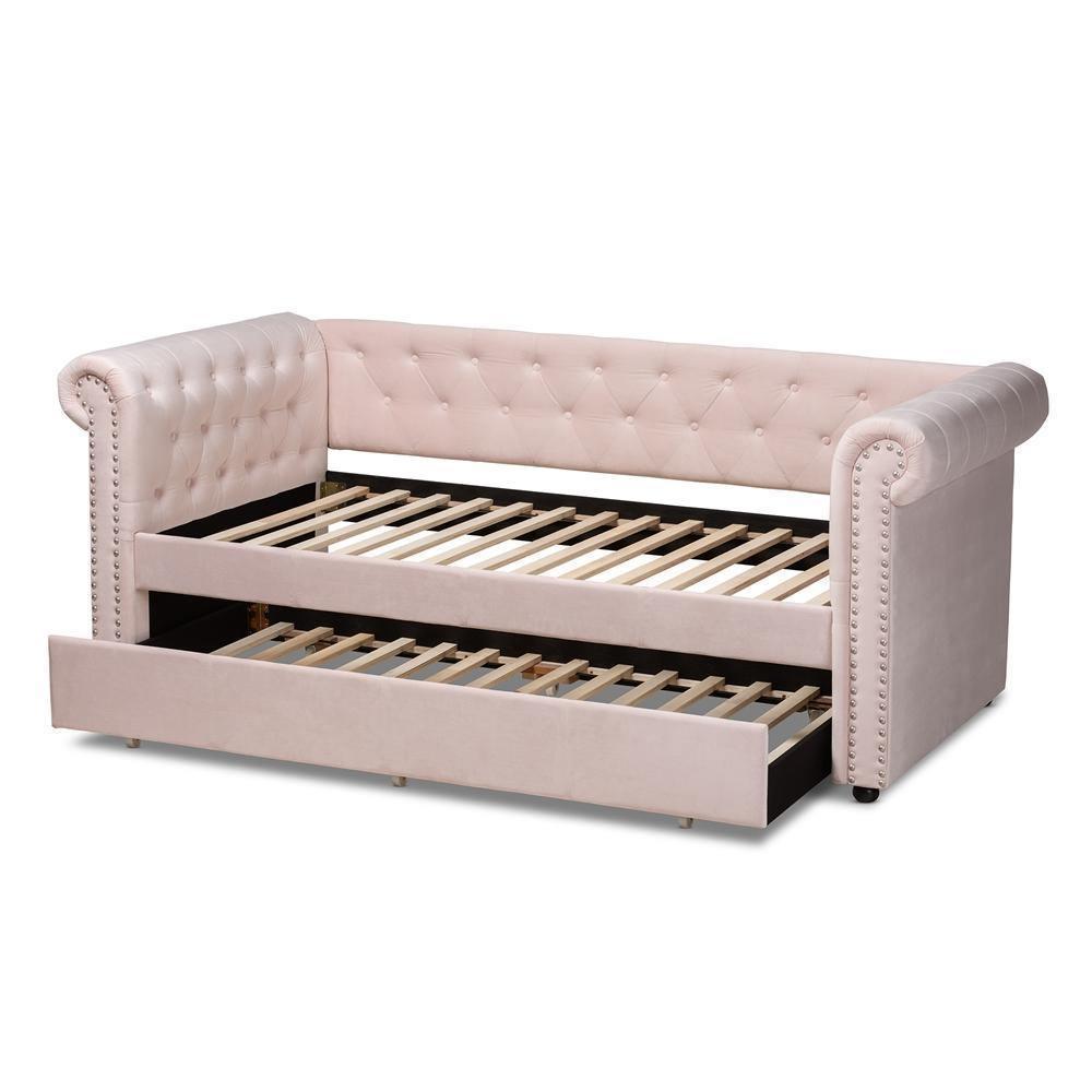 Mabelle Modern and Contemporary Light Pink Velvet Upholstered Daybed with Trundle FredCo