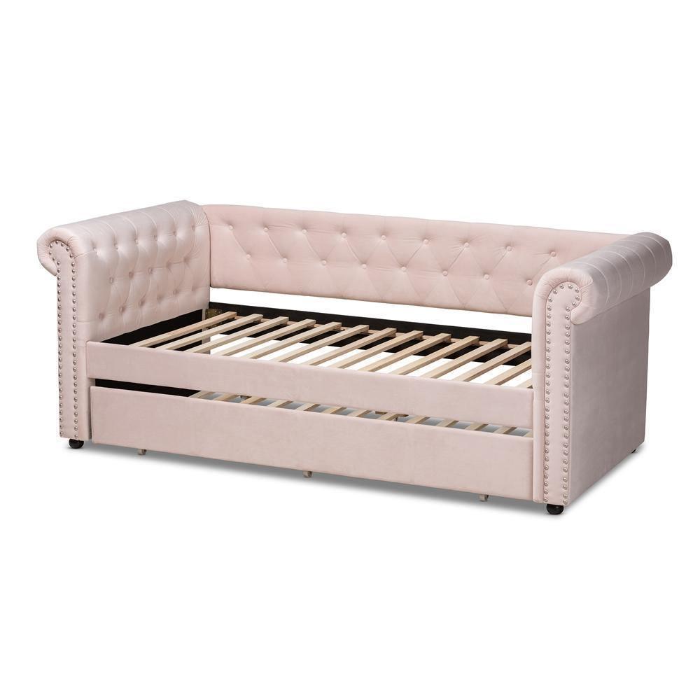 Mabelle Modern and Contemporary Light Pink Velvet Upholstered Daybed with Trundle FredCo
