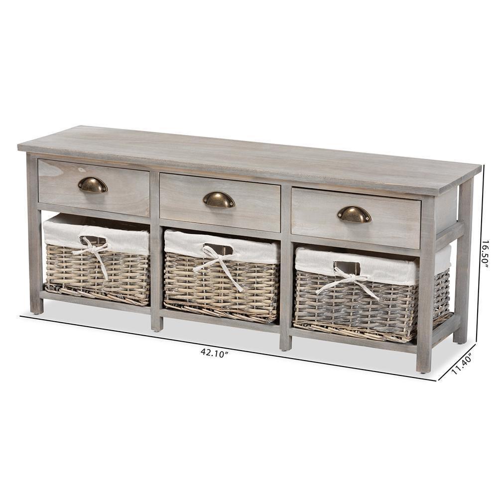 Mabyn Modern and Contemporary Light Grey Finished Wood 3-Drawer Storage Bench with Baskets FredCo