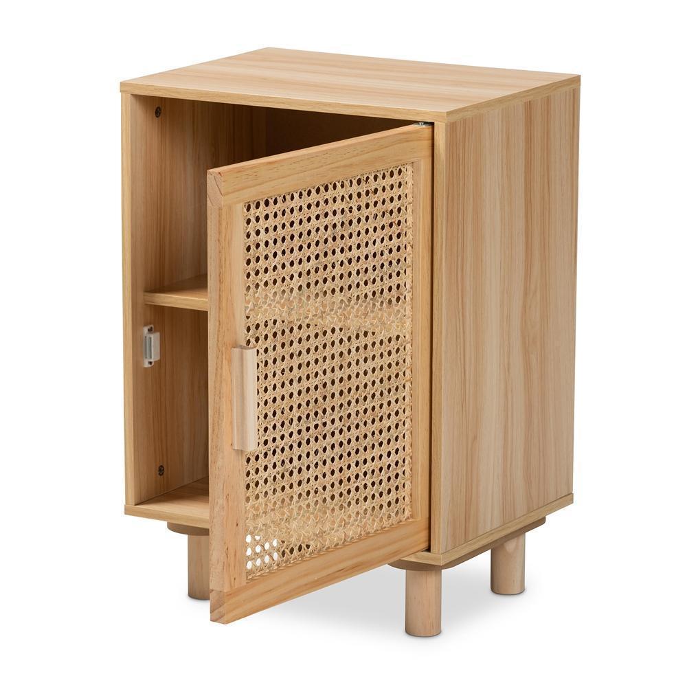 Maclean Mid-Century Modern Rattan and Natural Brown Finished Wood 1-Door Nightstand FredCo