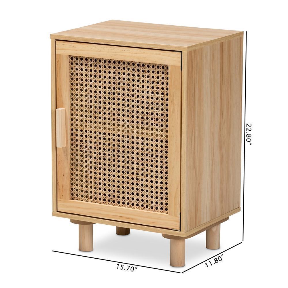 Maclean Mid-Century Modern Rattan and Natural Brown Finished Wood 1-Door Nightstand FredCo
