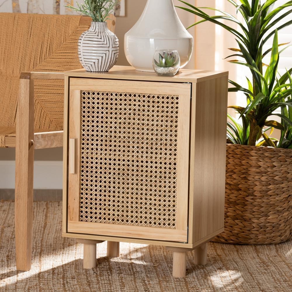 Maclean Mid-Century Modern Rattan and Natural Brown Finished Wood 1-Door Nightstand FredCo
