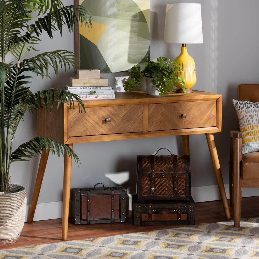 Mae Mid-Century Modern Natural Brown Finished Wood 2-Drawer Console Table FredCo