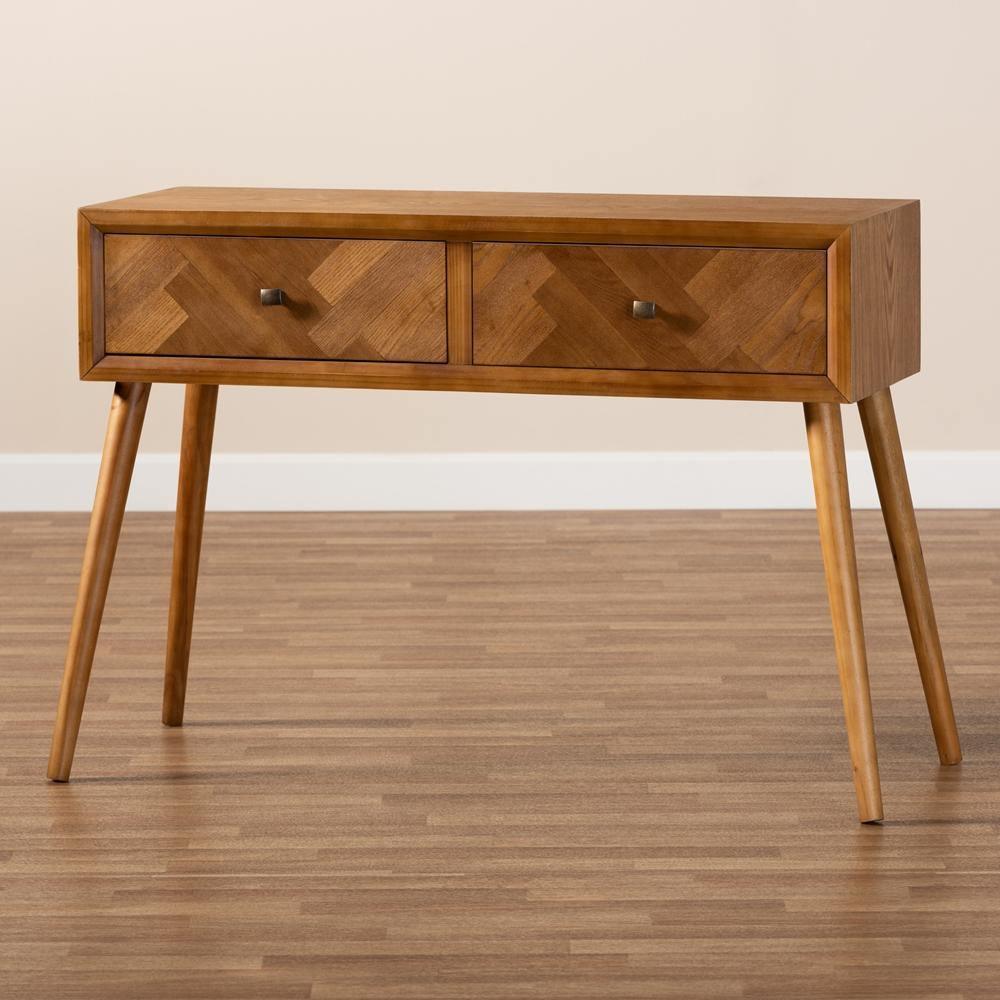 Mae Mid-Century Modern Natural Brown Finished Wood 2-Drawer Console Table FredCo