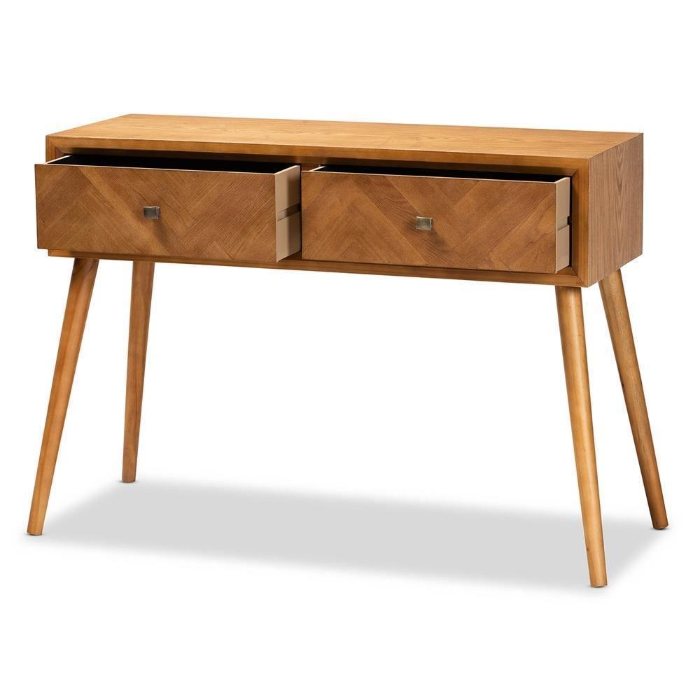 Mae Mid-Century Modern Natural Brown Finished Wood 2-Drawer Console Table FredCo