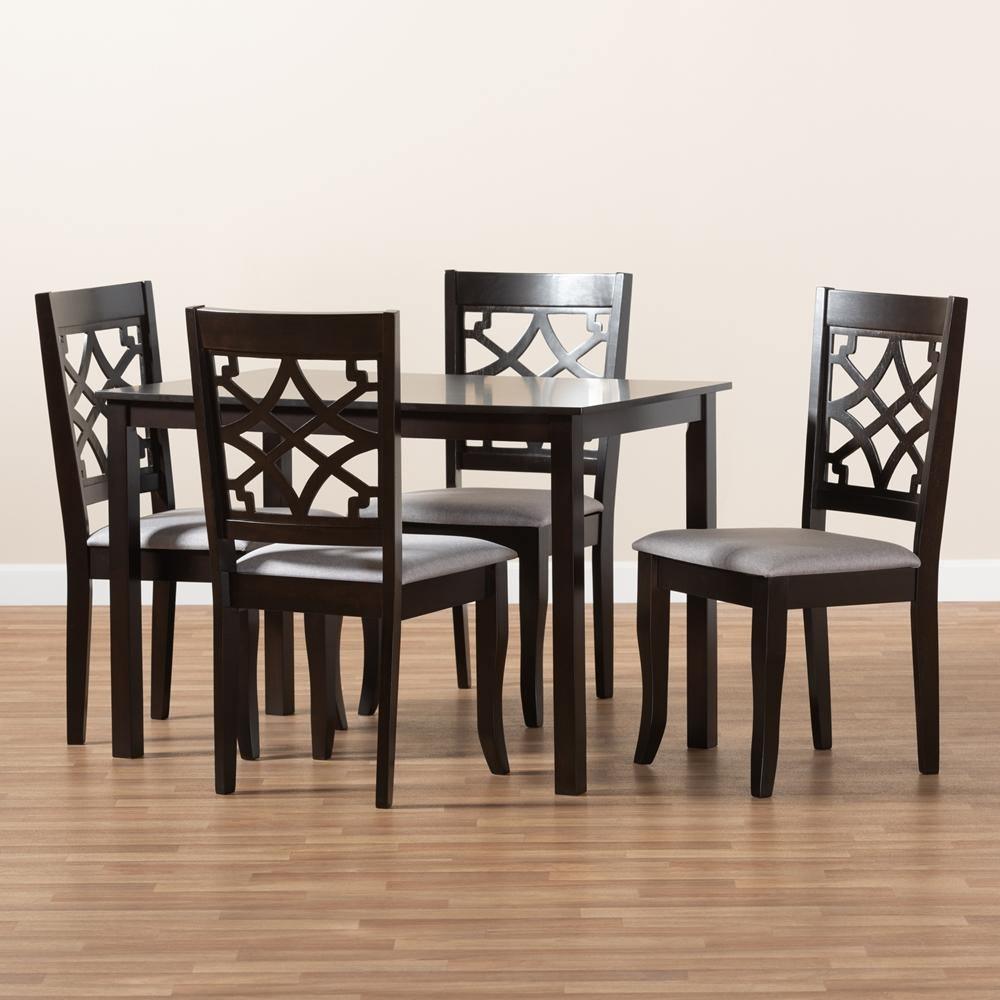 Mael Modern and Contemporary Grey Fabric Upholstered Espresso Brown Finished 5-Piece Wood Dining Set FredCo