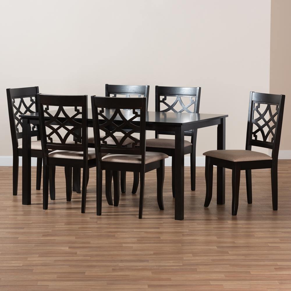 Mael Modern and Contemporary Sand Fabric Upholstered and Espresso Brown Finished Wood 7-Piece Dining Set FredCo