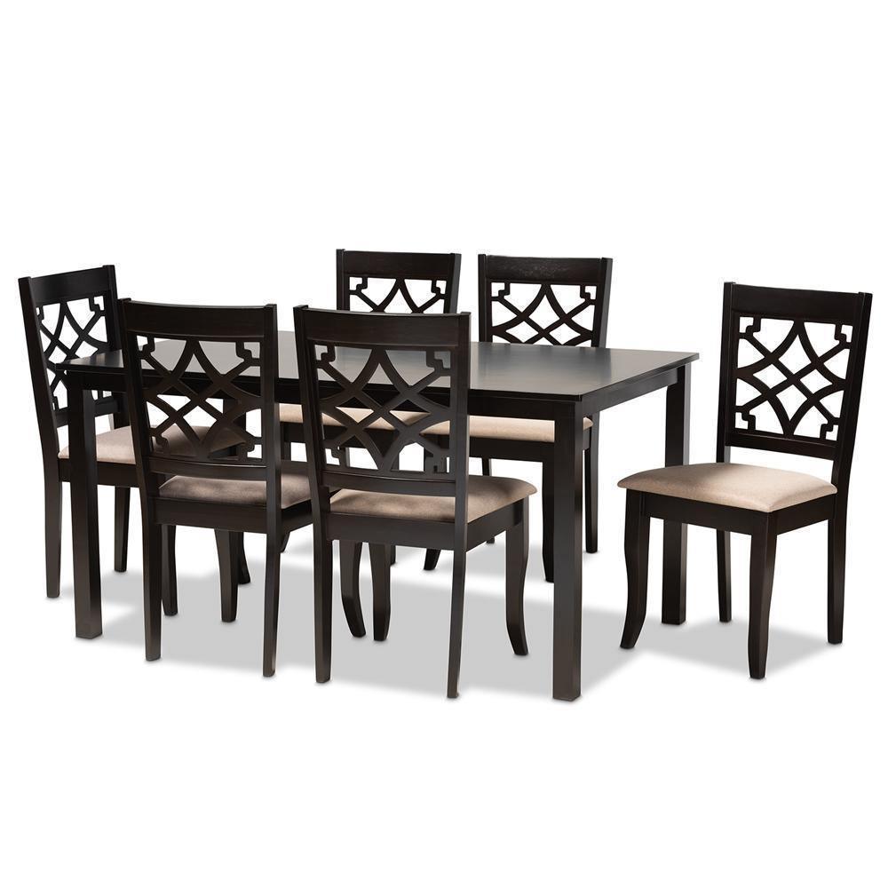 Mael Modern and Contemporary Sand Fabric Upholstered and Espresso Brown Finished Wood 7-Piece Dining Set FredCo