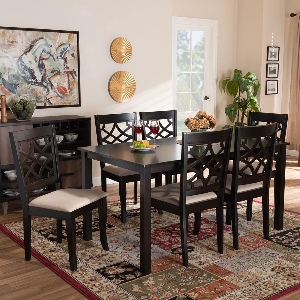 Mael Modern and Contemporary Sand Fabric Upholstered and Espresso Brown Finished Wood 7-Piece Dining Set FredCo