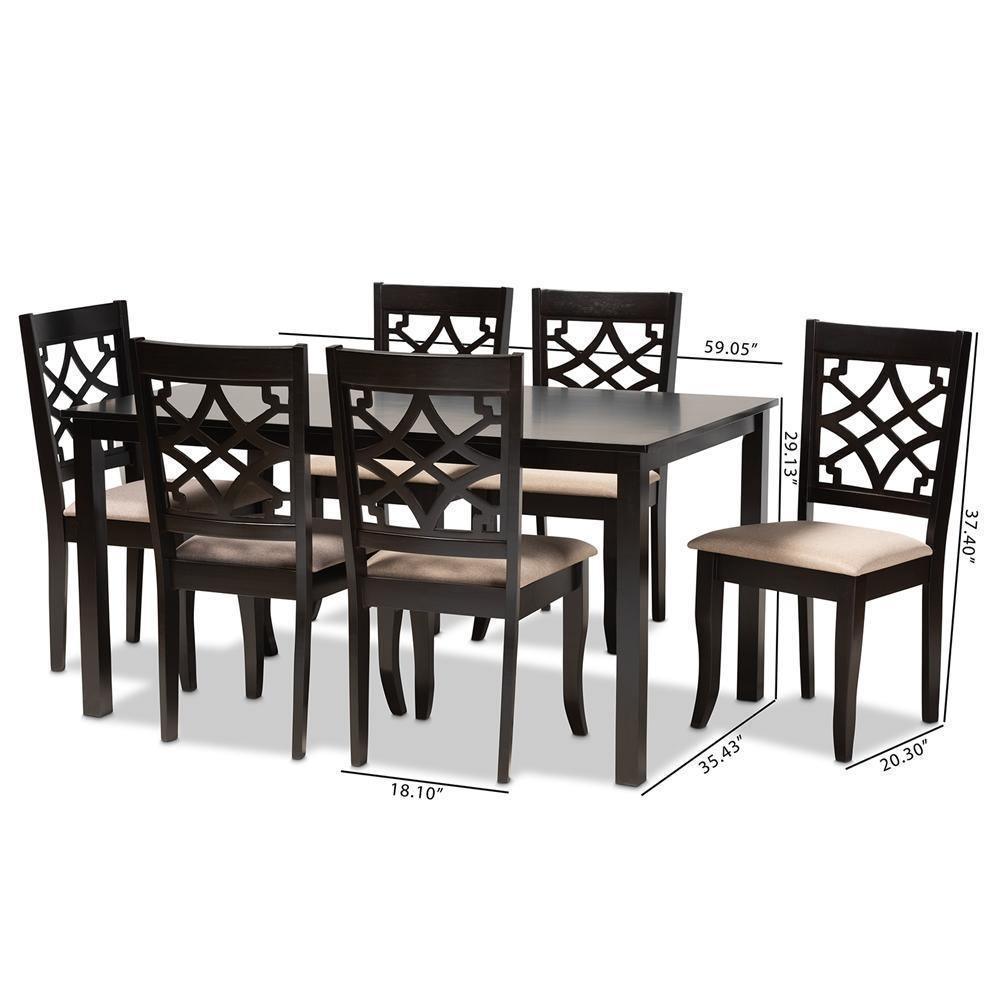 Mael Modern and Contemporary Sand Fabric Upholstered and Espresso Brown Finished Wood 7-Piece Dining Set FredCo