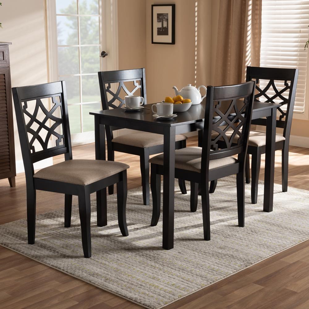 Mael Modern and Contemporary Sand Fabric Upholstered Espresso Brown Finished 5-Piece Wood Dining Set FredCo
