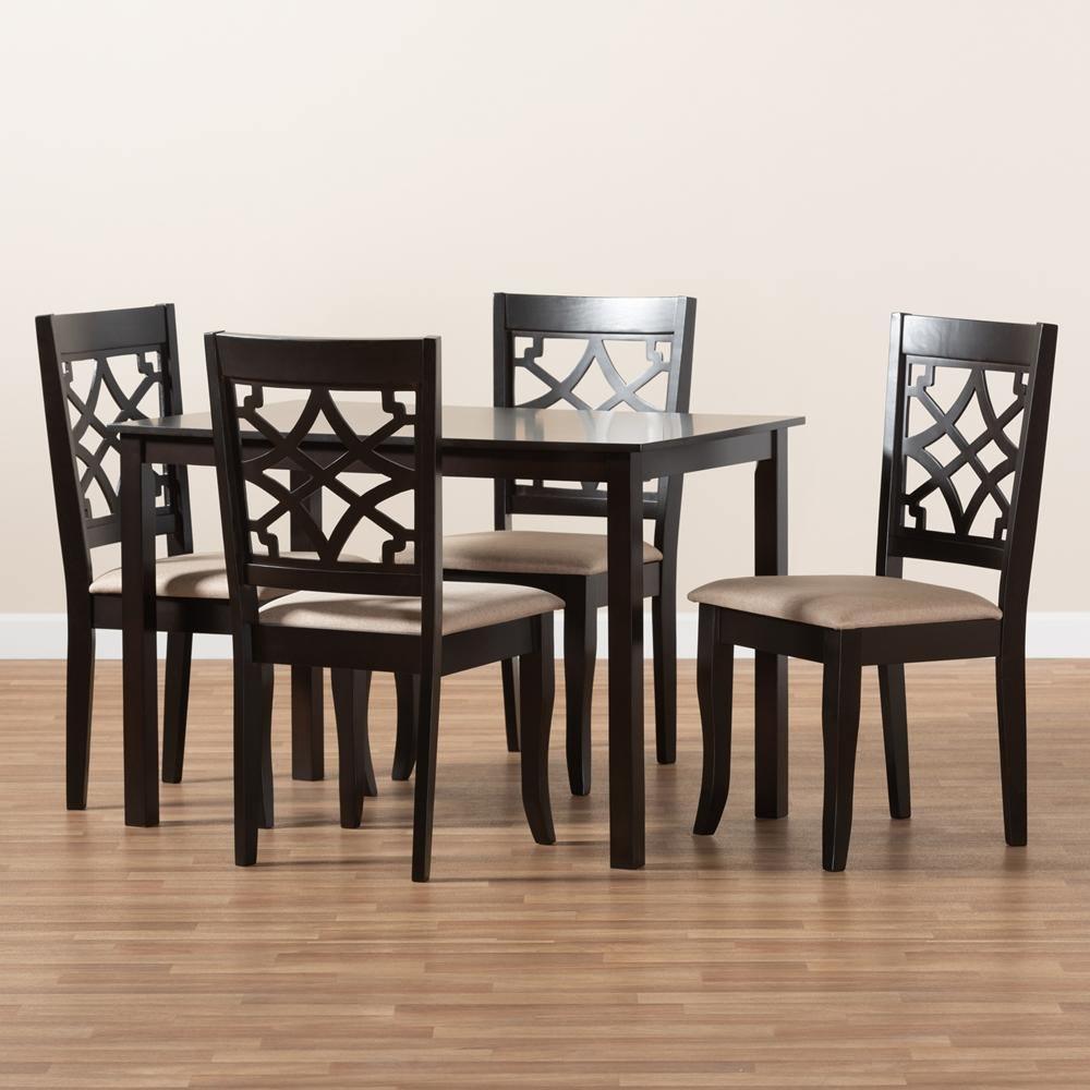 Mael Modern and Contemporary Sand Fabric Upholstered Espresso Brown Finished 5-Piece Wood Dining Set FredCo