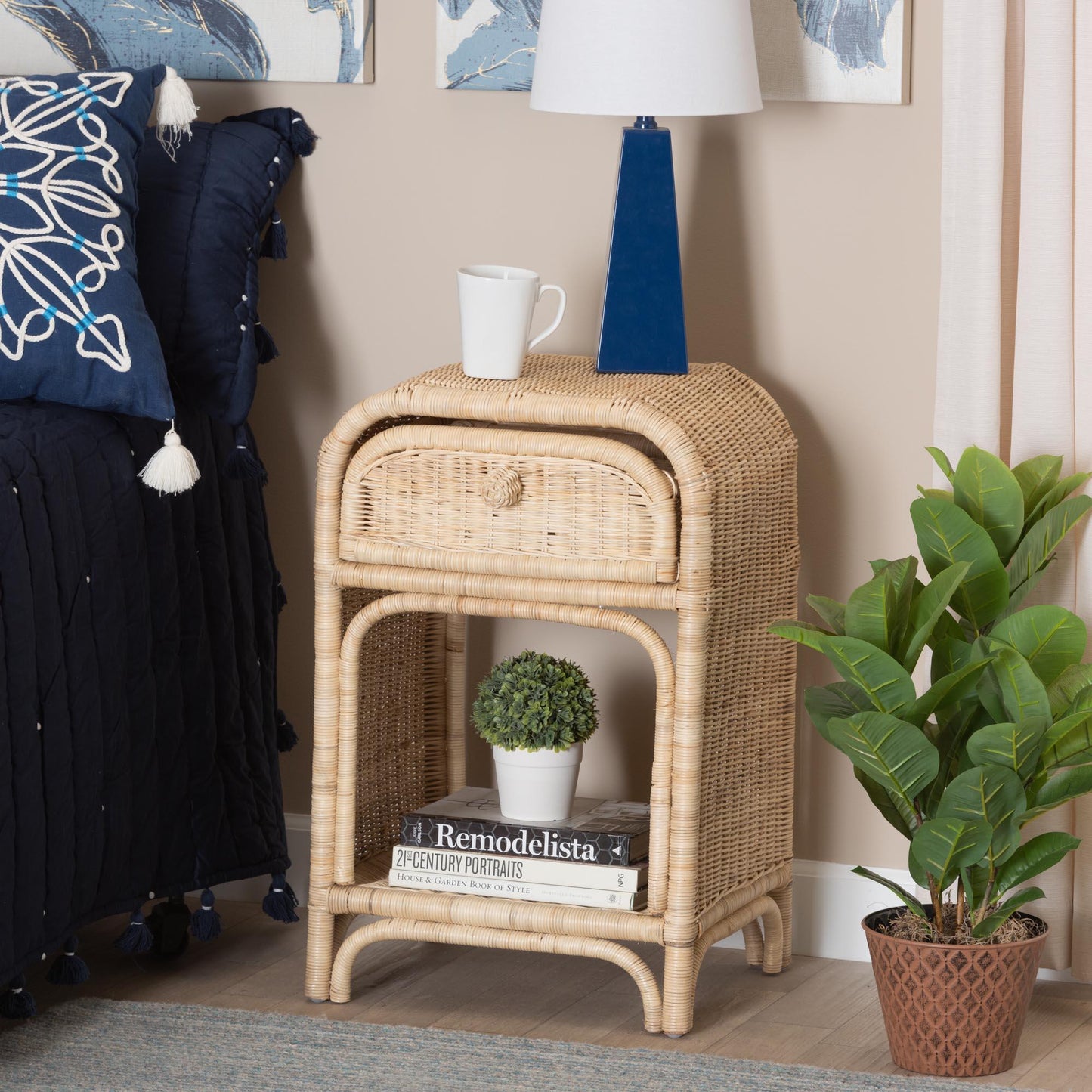 Magni Modern Bohemian Natural Brown Rattan 1-Drawer Nightstand FredCo