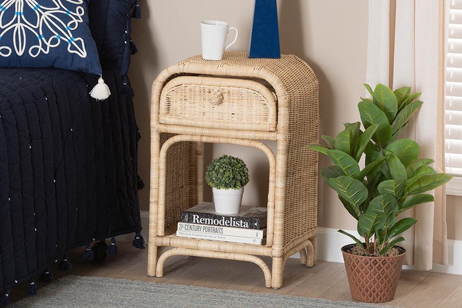 Magni Modern Bohemian Natural Brown Rattan 1-Drawer Nightstand FredCo