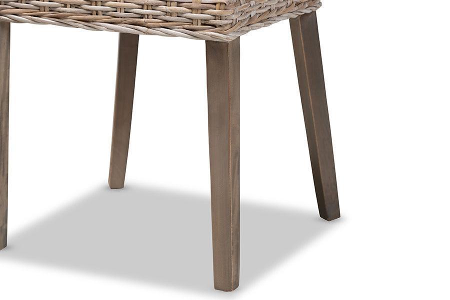 Magy Modern Bohemian Grey Rattan and Natural Brown Finished Wood 2-Piece Dining Chair Set FredCo