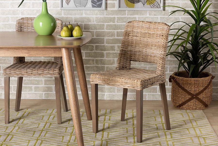 Magy Modern Bohemian Grey Rattan and Natural Brown Finished Wood 2-Piece Dining Chair Set FredCo
