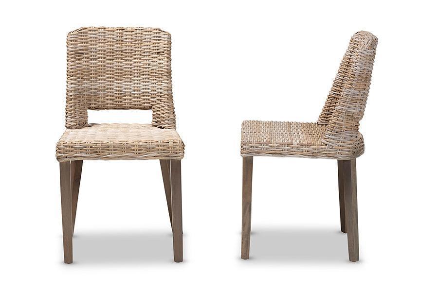 Magy Modern Bohemian Grey Rattan and Natural Brown Finished Wood 2-Piece Dining Chair Set FredCo