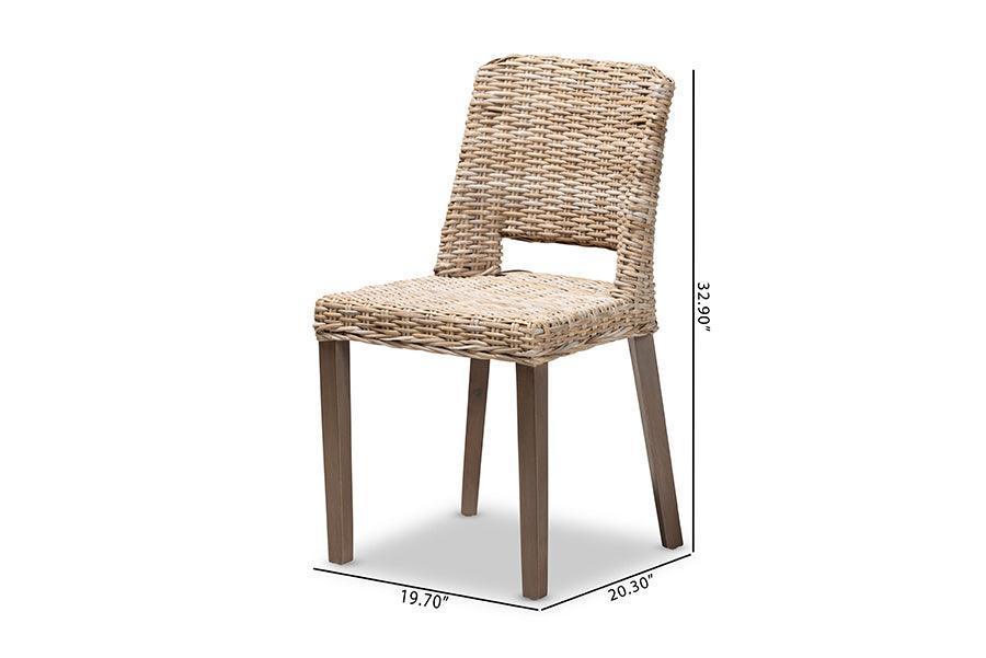 Magy Modern Bohemian Grey Rattan and Natural Brown Finished Wood 2-Piece Dining Chair Set FredCo