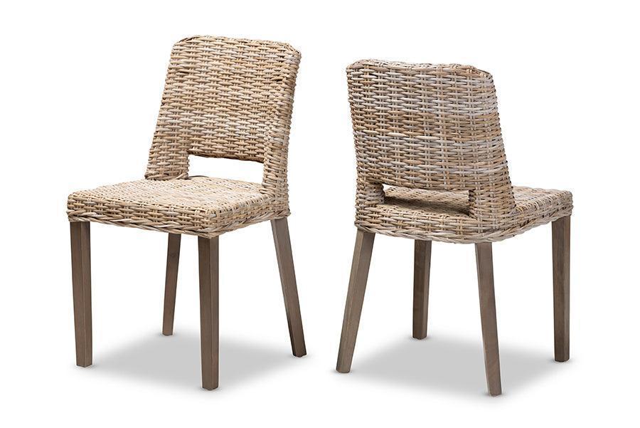 Magy Modern Bohemian Grey Rattan and Natural Brown Finished Wood 2-Piece Dining Chair Set FredCo
