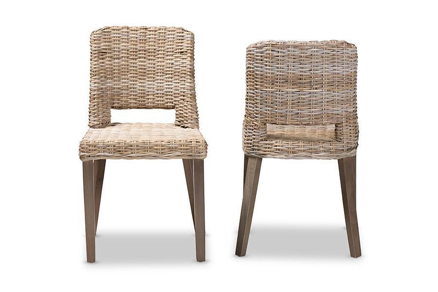 Magy Modern Bohemian Grey Rattan and Natural Brown Finished Wood 2-Piece Dining Chair Set FredCo