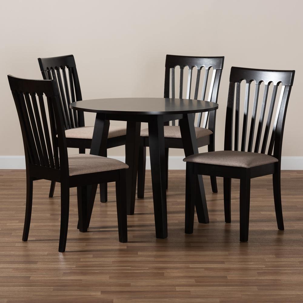Maisie Modern and Contemporary Sand Fabric Upholstered and Dark Brown Finished Wood 5-Piece Dining Set FredCo