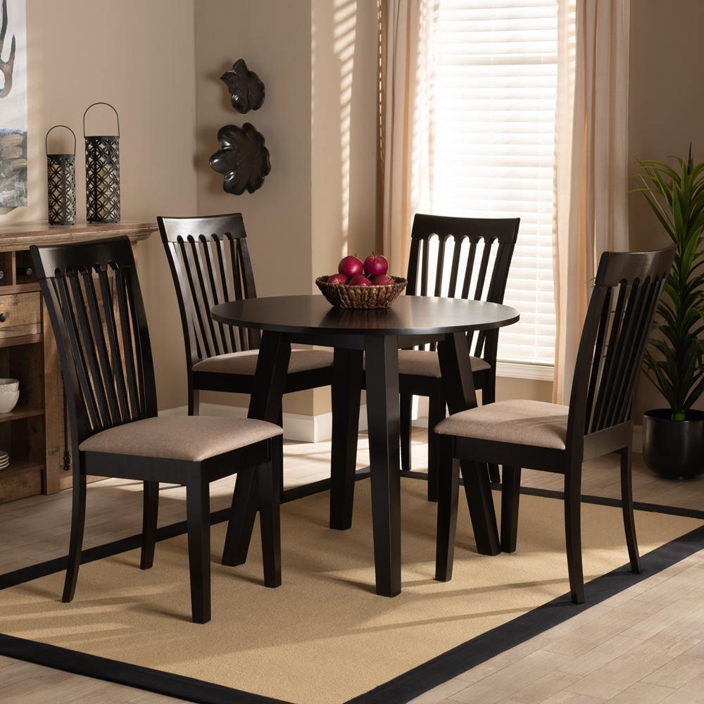 Maisie Modern and Contemporary Sand Fabric Upholstered and Dark Brown Finished Wood 5-Piece Dining Set FredCo