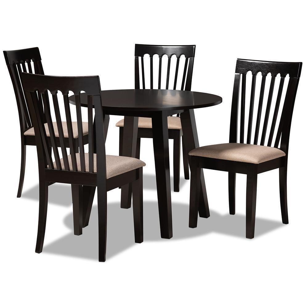 Maisie Modern and Contemporary Sand Fabric Upholstered and Dark Brown Finished Wood 5-Piece Dining Set FredCo