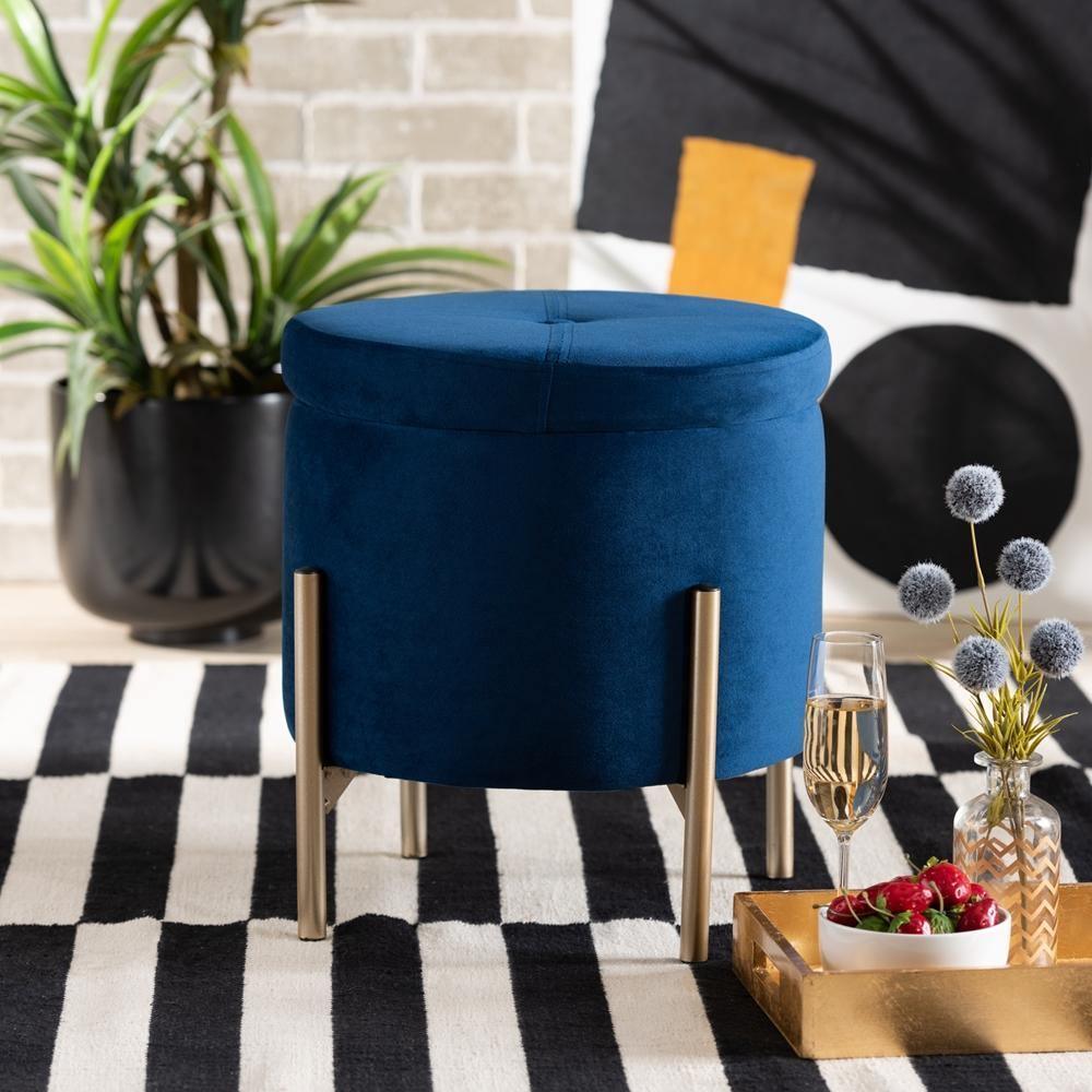 Malina Contemporary Glam and Luxe Navy Blue Velvet Fabric Upholstered and Gold Finished Metal Storage Ottoman FredCo