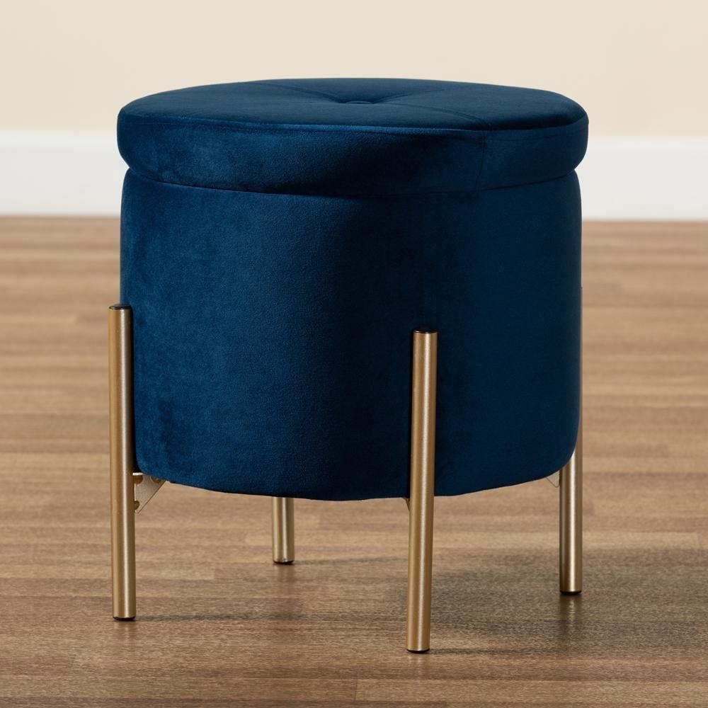 Malina Contemporary Glam and Luxe Navy Blue Velvet Fabric Upholstered and Gold Finished Metal Storage Ottoman FredCo