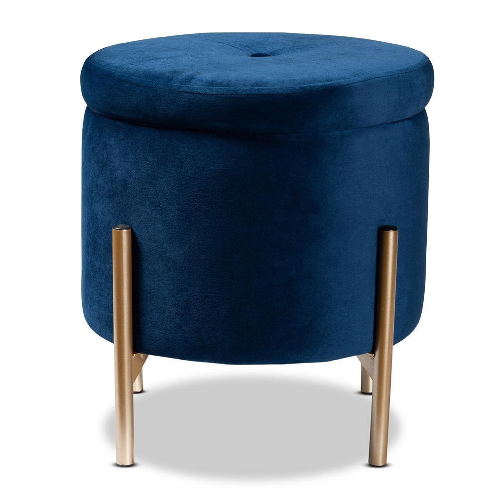 Malina Contemporary Glam and Luxe Navy Blue Velvet Fabric Upholstered and Gold Finished Metal Storage Ottoman FredCo
