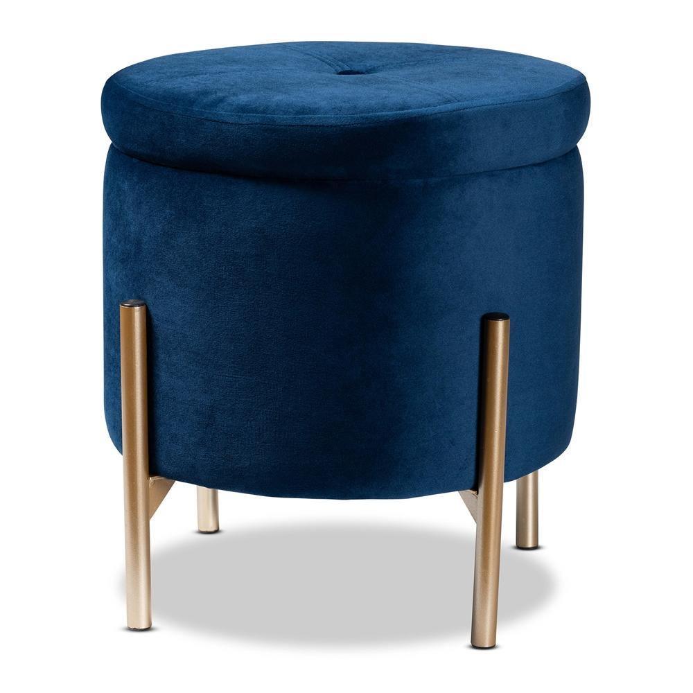 Malina Contemporary Glam and Luxe Navy Blue Velvet Fabric Upholstered and Gold Finished Metal Storage Ottoman FredCo