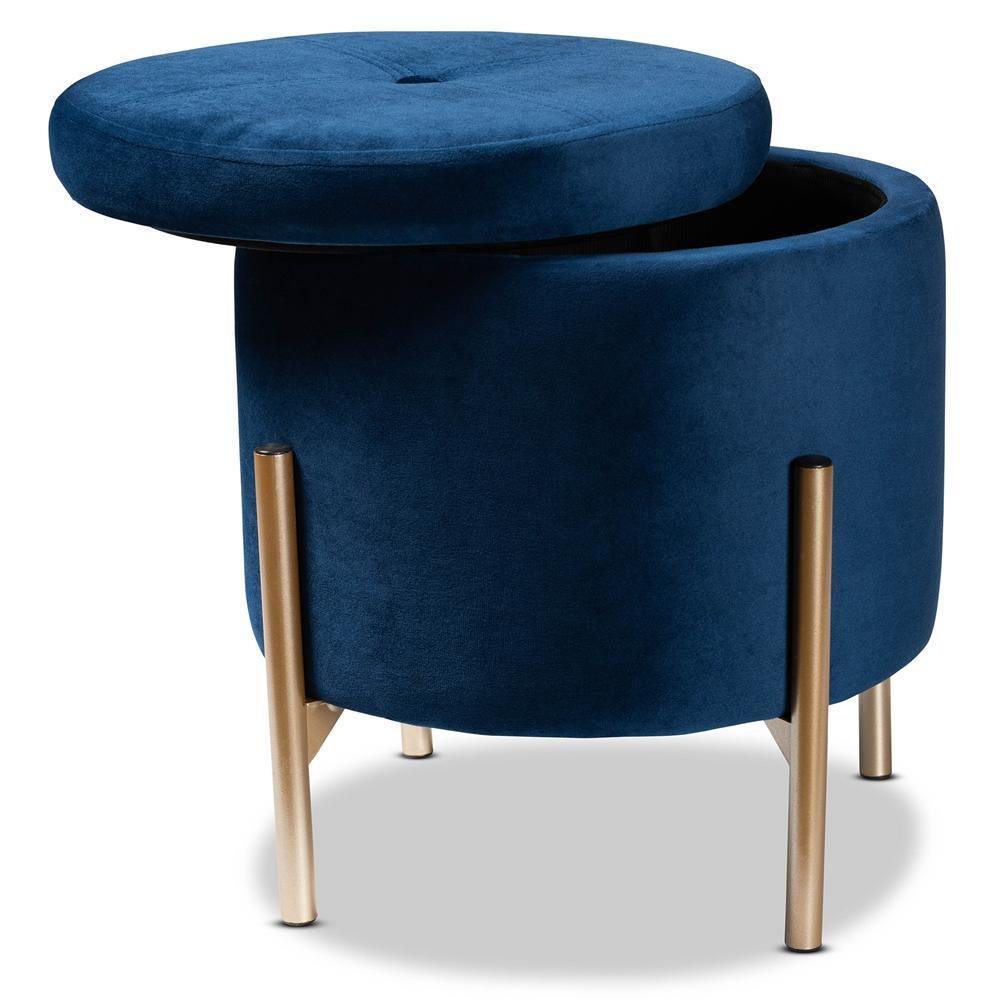 Malina Contemporary Glam and Luxe Navy Blue Velvet Fabric Upholstered and Gold Finished Metal Storage Ottoman FredCo
