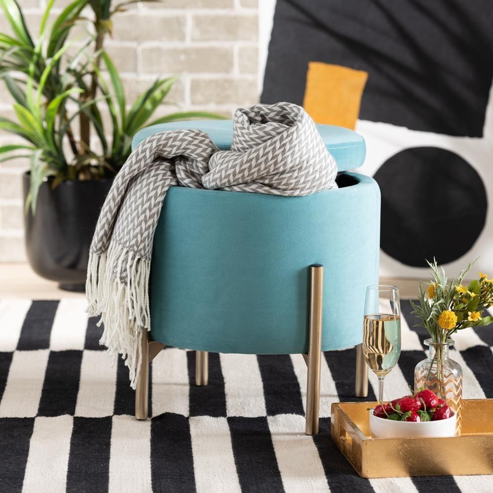 Malina Contemporary Glam and Luxe Sky Blue Velvet Fabric Upholstered and Gold Finished Metal Storage Ottoman FredCo