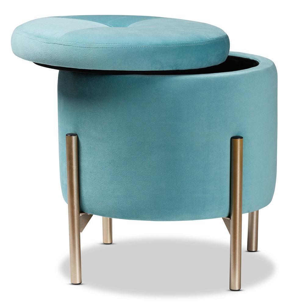 Malina Contemporary Glam and Luxe Sky Blue Velvet Fabric Upholstered and Gold Finished Metal Storage Ottoman FredCo