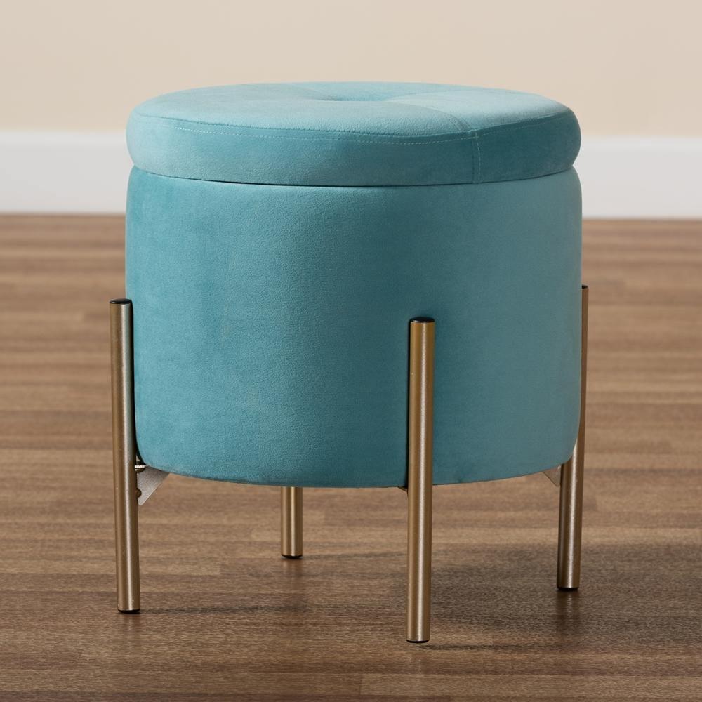 Malina Contemporary Glam and Luxe Sky Blue Velvet Fabric Upholstered and Gold Finished Metal Storage Ottoman FredCo