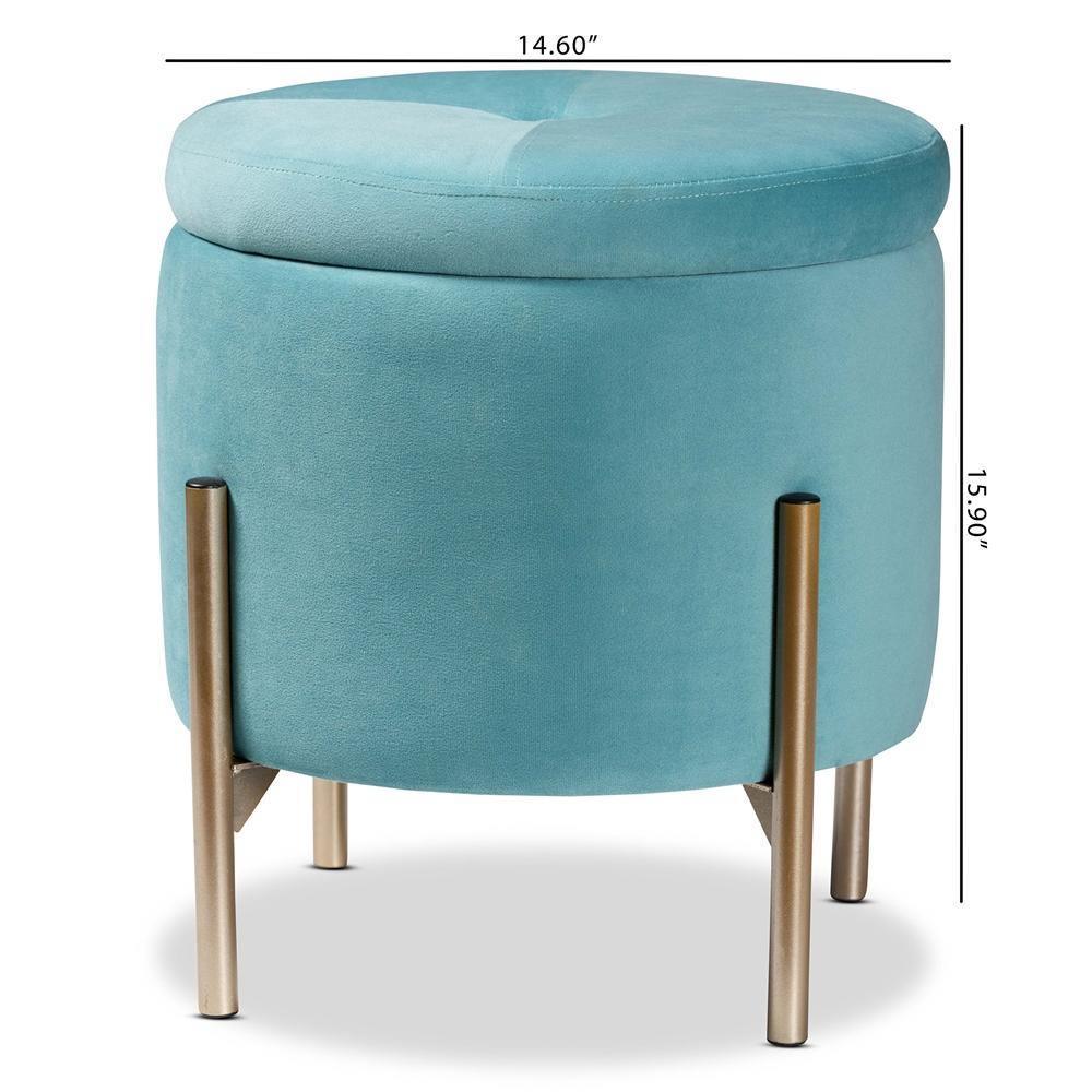 Malina Contemporary Glam and Luxe Sky Blue Velvet Fabric Upholstered and Gold Finished Metal Storage Ottoman FredCo