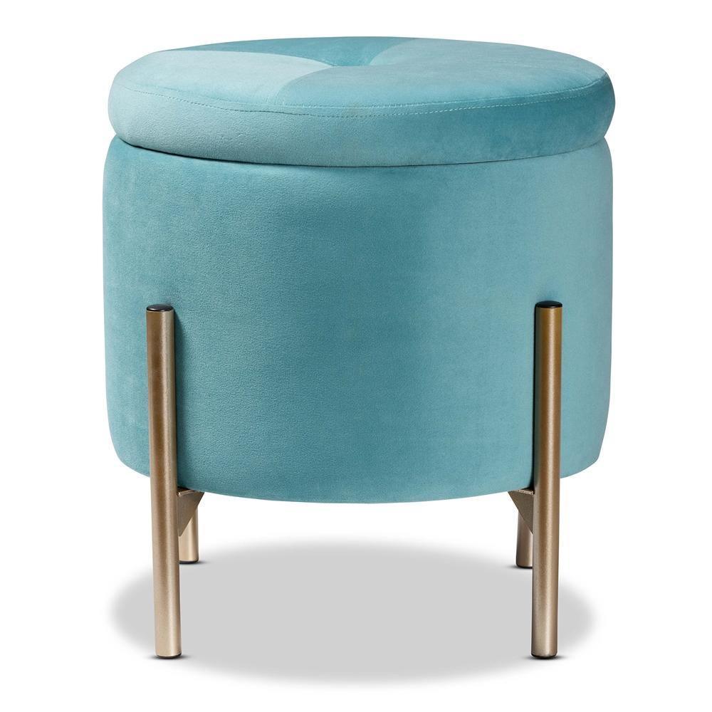 Malina Contemporary Glam and Luxe Sky Blue Velvet Fabric Upholstered and Gold Finished Metal Storage Ottoman FredCo