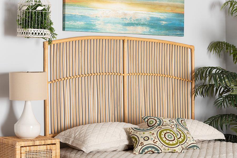 Malvina Modern Bohemian Natural Brown Rattan Queen Size Wall-mount Headboard FredCo