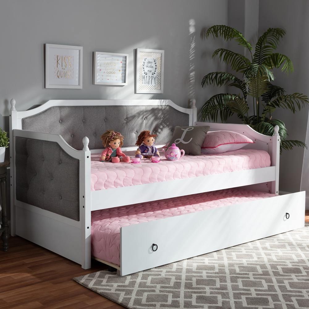 Mara Classic and Traditional Grey Fabric Upholstered White Finished Wood Twin Size Daybed with Trundle FredCo