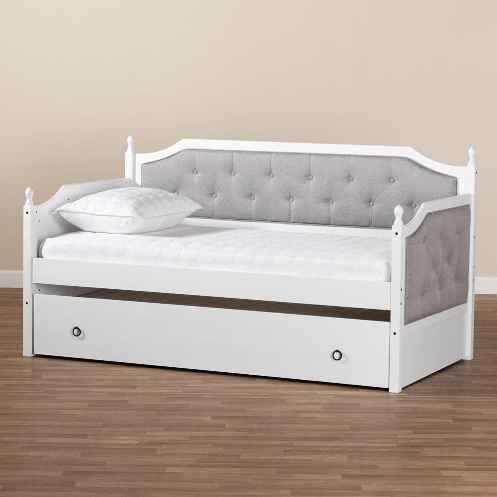 Mara Classic and Traditional Grey Fabric Upholstered White Finished Wood Twin Size Daybed with Trundle FredCo