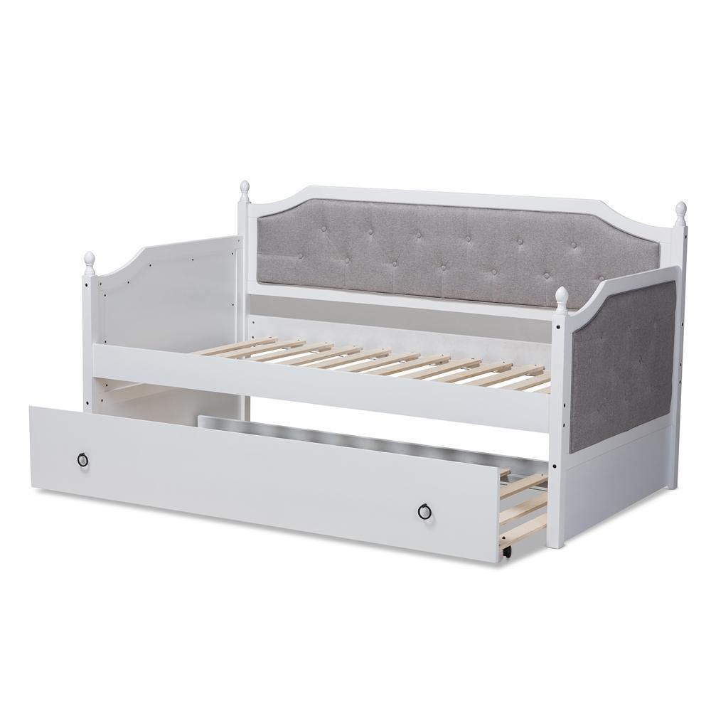 Mara Classic and Traditional Grey Fabric Upholstered White Finished Wood Twin Size Daybed with Trundle FredCo