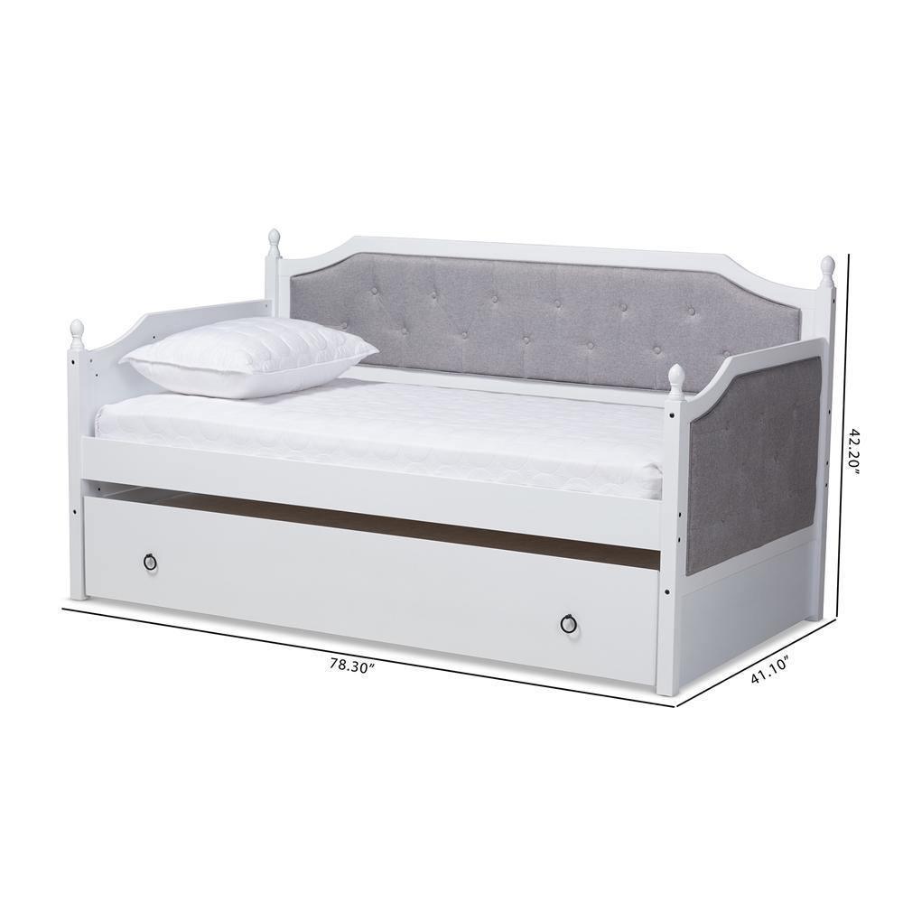 Mara Classic and Traditional Grey Fabric Upholstered White Finished Wood Twin Size Daybed with Trundle FredCo