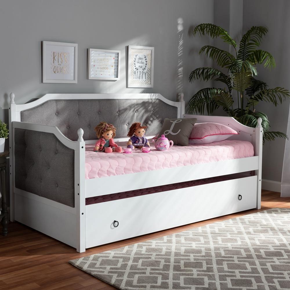 Mara Classic and Traditional Grey Fabric Upholstered White Finished Wood Twin Size Daybed with Trundle FredCo
