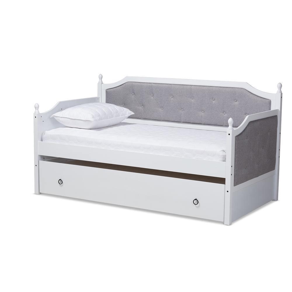 Mara Classic and Traditional Grey Fabric Upholstered White Finished Wood Twin Size Daybed with Trundle FredCo