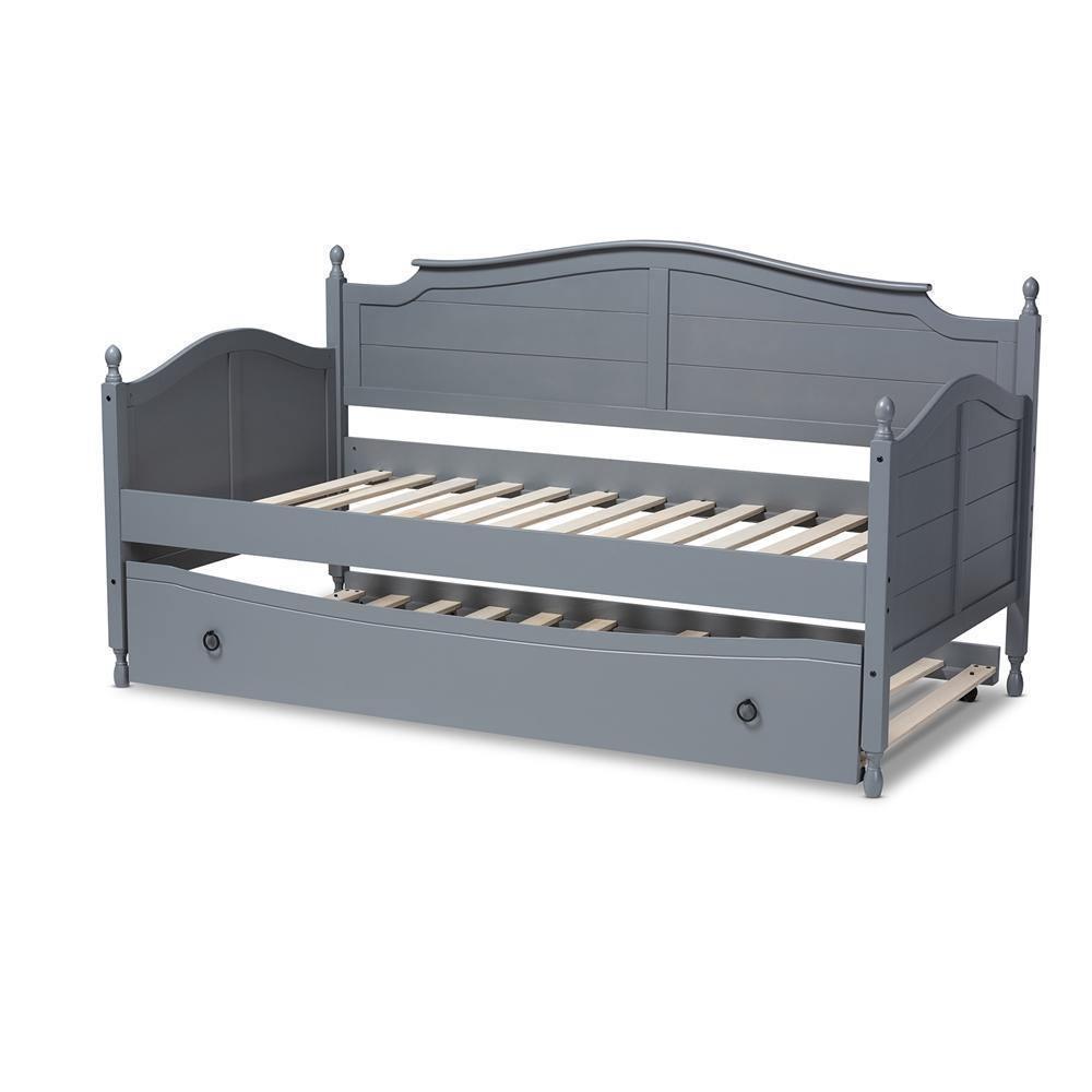 Mara Cottage Farmhouse Grey Finished Wood Twin Size Daybed with Roll-Out Trundle Bed FredCo