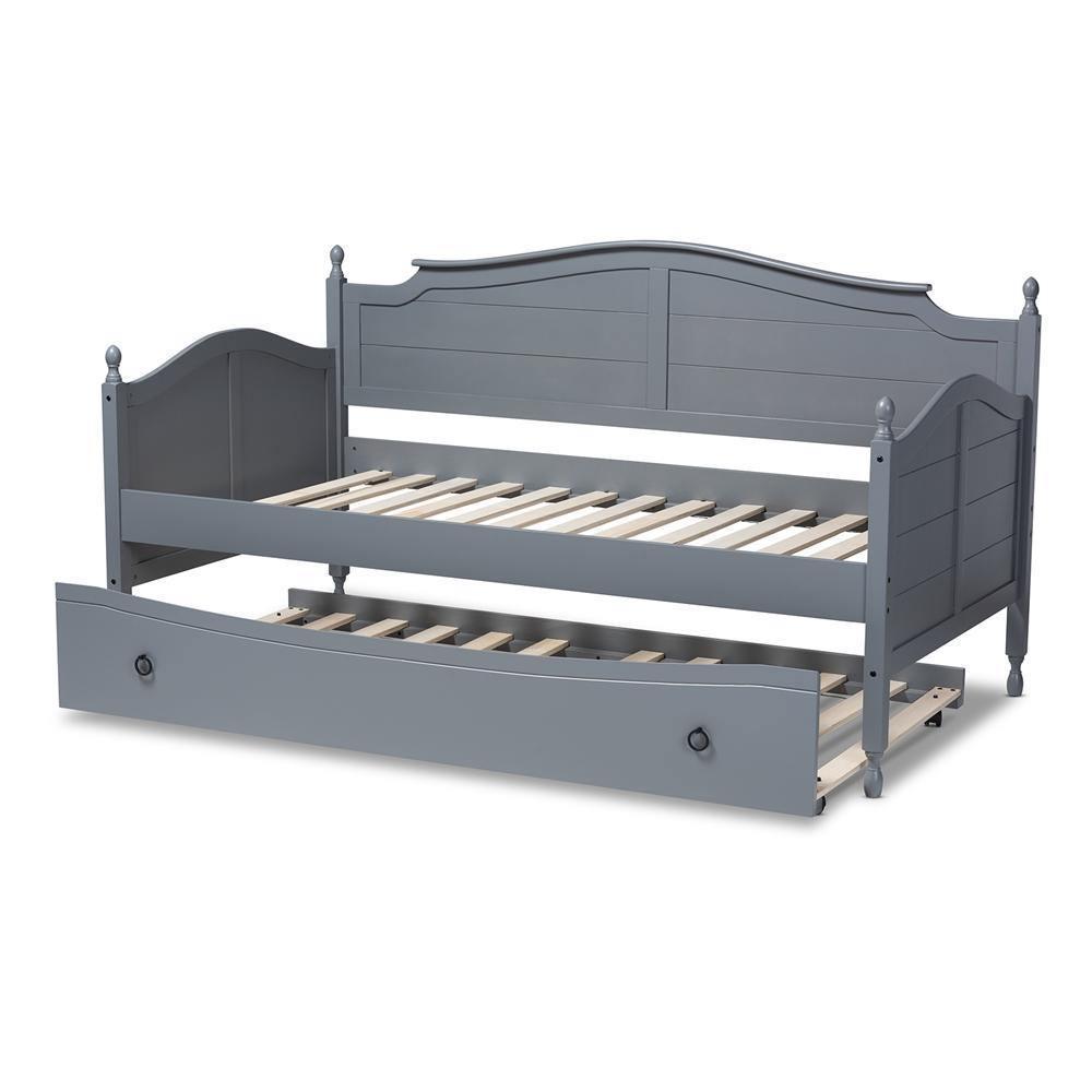Mara Cottage Farmhouse Grey Finished Wood Twin Size Daybed with Roll-Out Trundle Bed FredCo