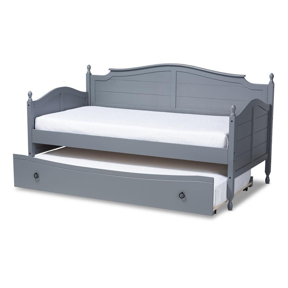 Mara Cottage Farmhouse Grey Finished Wood Twin Size Daybed with Roll-Out Trundle Bed FredCo