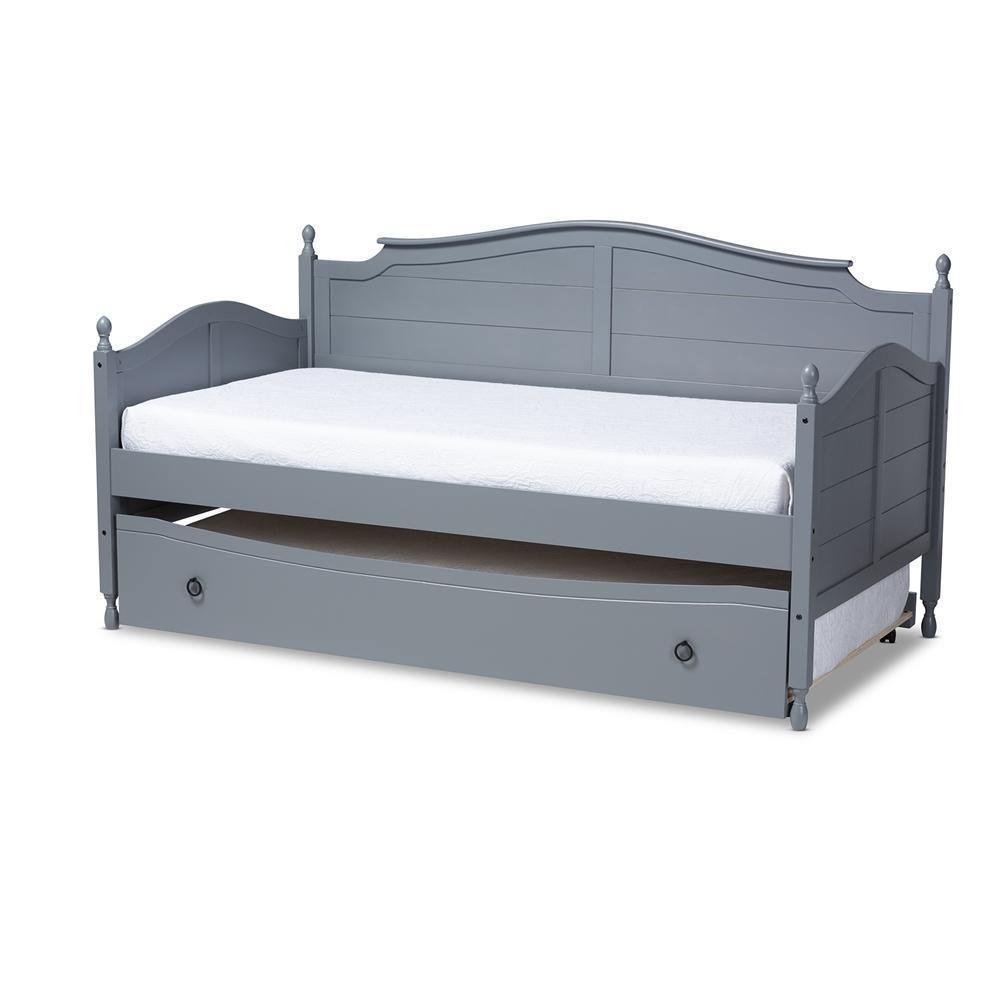 Mara Cottage Farmhouse Grey Finished Wood Twin Size Daybed with Roll-Out Trundle Bed FredCo