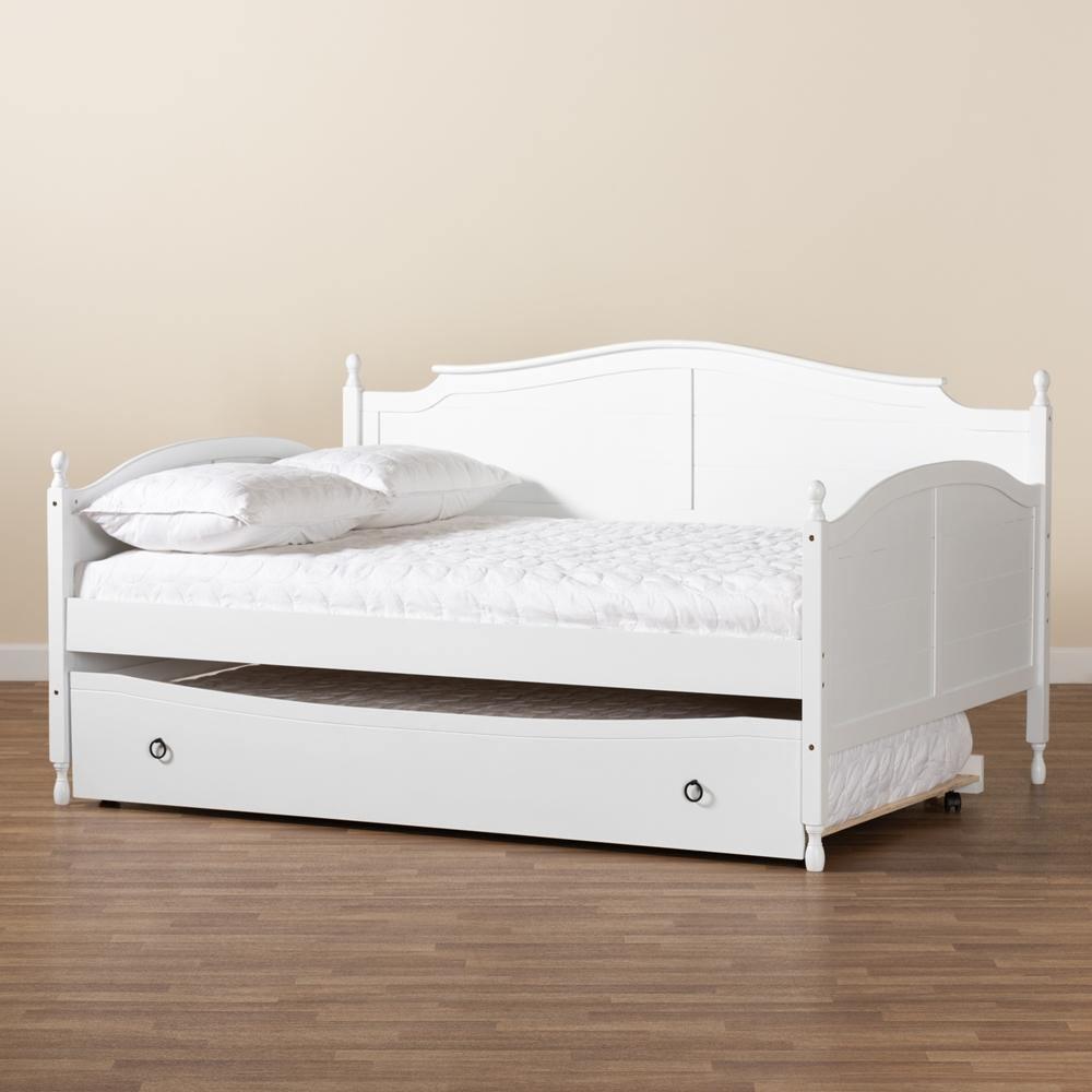 Mara Cottage Farmhouse White Finished Wood Full Size Daybed with Roll-out Trundle Bed FredCo