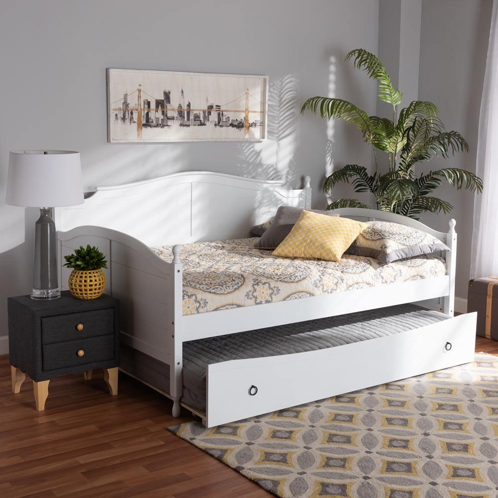 Mara Cottage Farmhouse White Finished Wood Full Size Daybed with Roll-out Trundle Bed FredCo